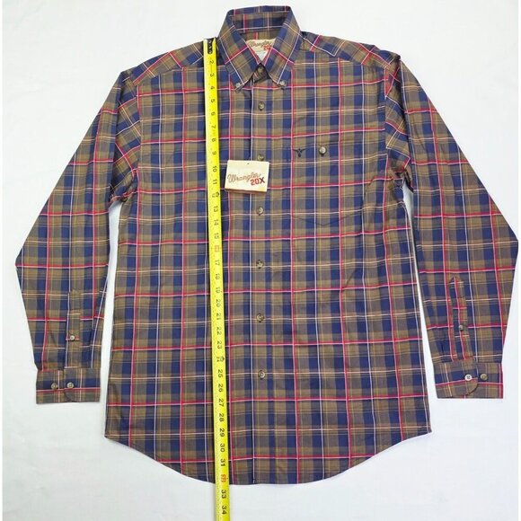 Wrangler 20X Mens Medium Navy Brown Red Check Embroidered Neck Pocket Logo NWT - Picture 6 of 11